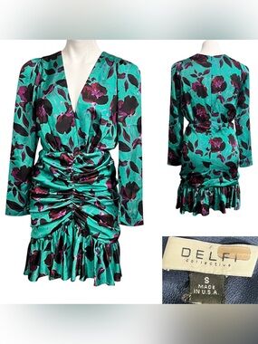 Delfi Collective Teal Toni Dress S Floral Ruched V-Neck Ruffle party cocktail